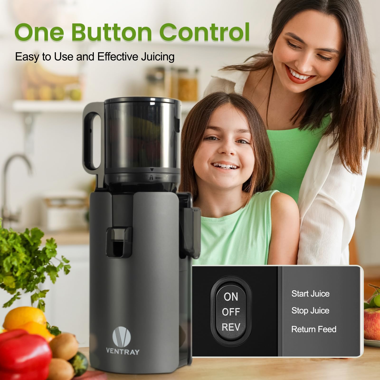 Ventray Cold Press Juicer, Slow Masticating Juicer Machine with 4.7" Wide Feed Chute for Whole Vegetables & Fruits, Juice Extractor High Juice Yield, Easy to Clean