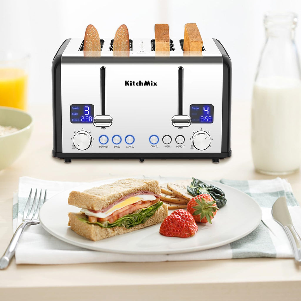 Toaster 4 Slice, KitchMix Bagel Stainless Toaster with LCD Timer, Extra Wide Slots, Dual Screen, Removal Crumb Tray (Black)