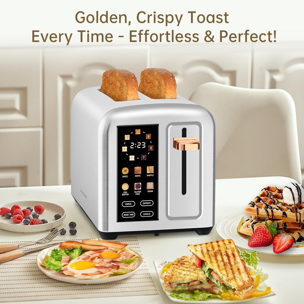 SEEDEEM Toaster 2 Slice, Real Touch Screen with LCD Display, Single-Slice Function, Stainless Steel Toaster, 50% Faster Heating, 1.5" Wide Slots, Removable Crumb Tray, 1350W, Silver Metallic