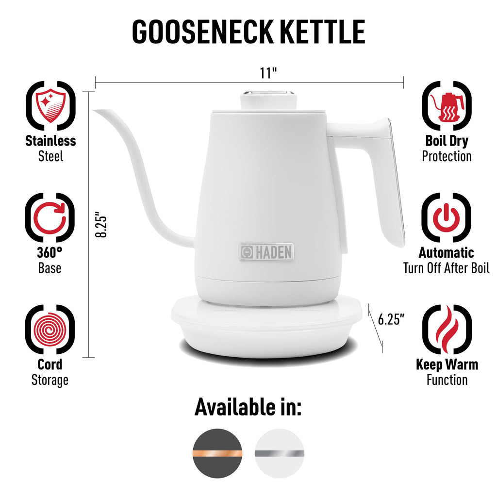 Haden 0.6-Liter Stainless Steel Electric Kettle, Gooseneck Hot Water Kettle with 360-Degree Base and Auto Shutoff, Ivory & Chrome