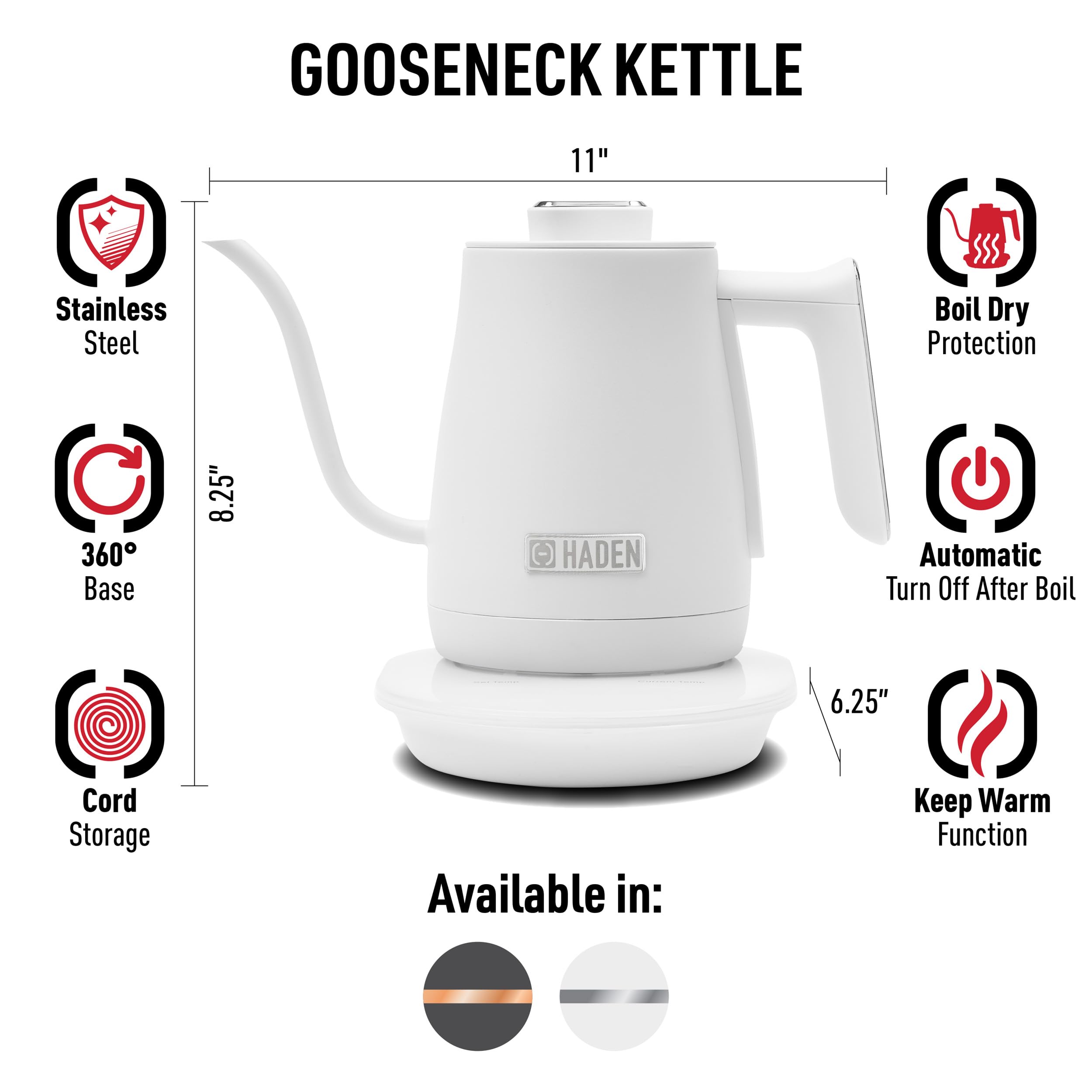 Haden 0.6-Liter Stainless Steel Electric Kettle, Gooseneck Hot Water Kettle with 360-Degree Base and Auto Shutoff, Ivory & Chrome