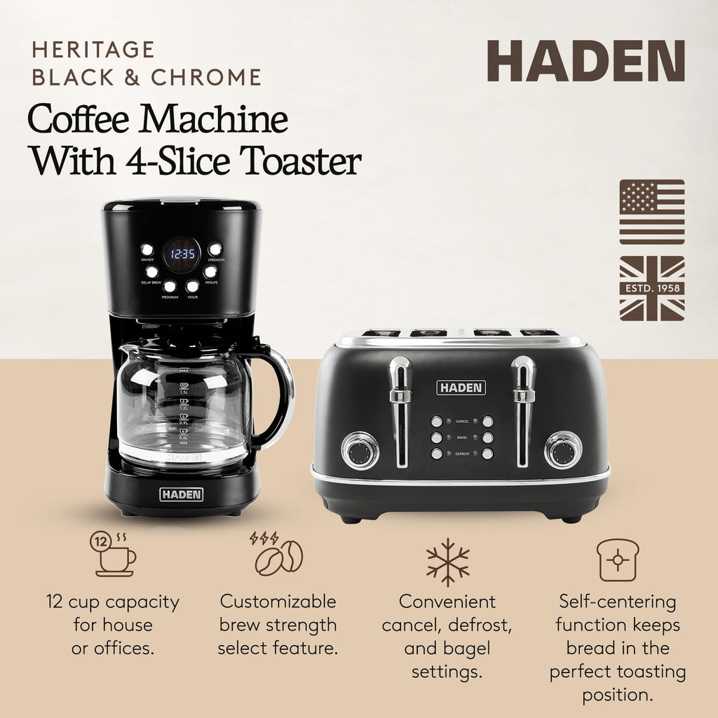 HADEN Heritage 4 Slice Wide Slot Stainless Steel Toaster Bundled with 12 Cup Programmable Drip Coffee Maker Coffee Machine, Black & Chrome