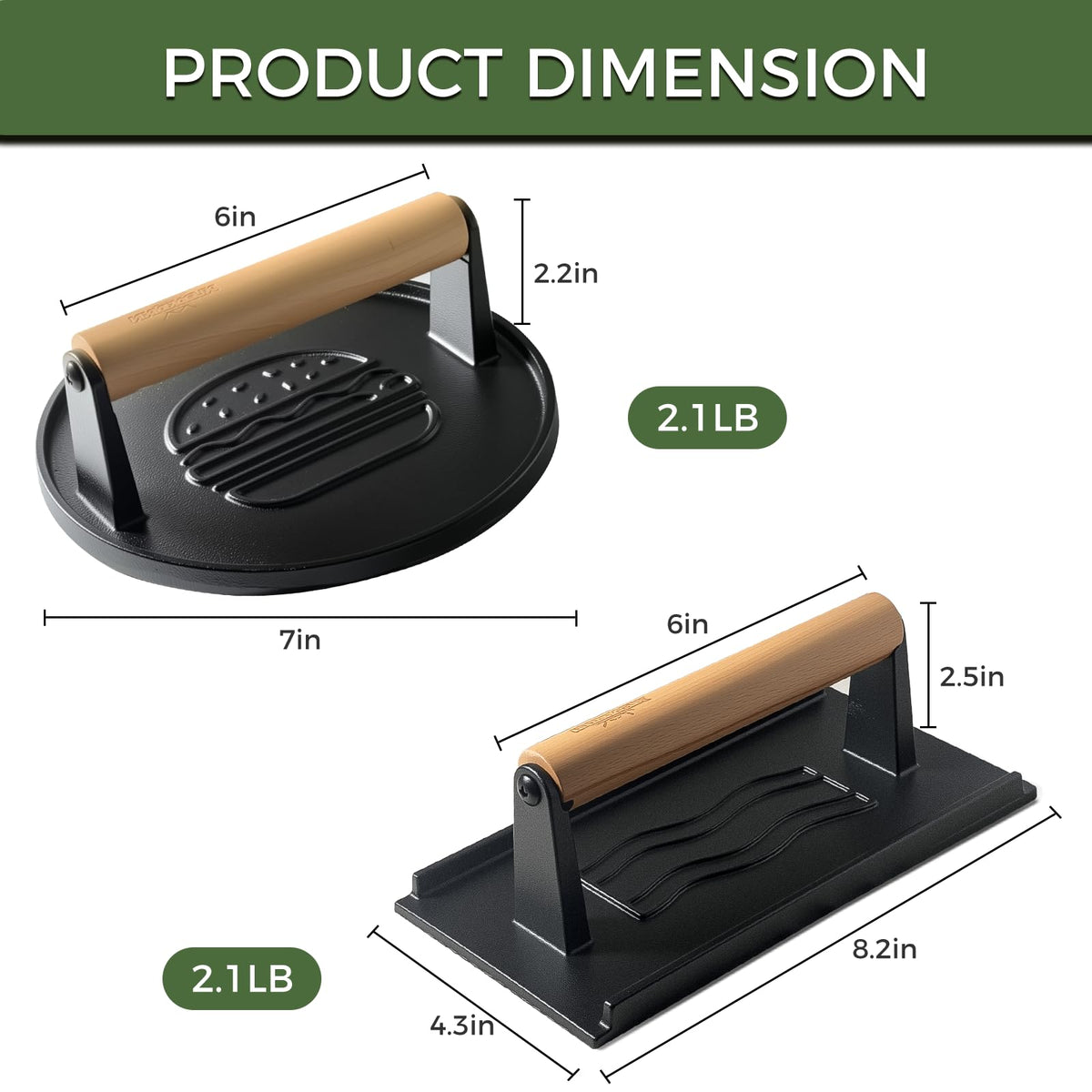 XUDAKAIXIN Cast Iron Smash Burger Press, Round & Rectangle Grooved