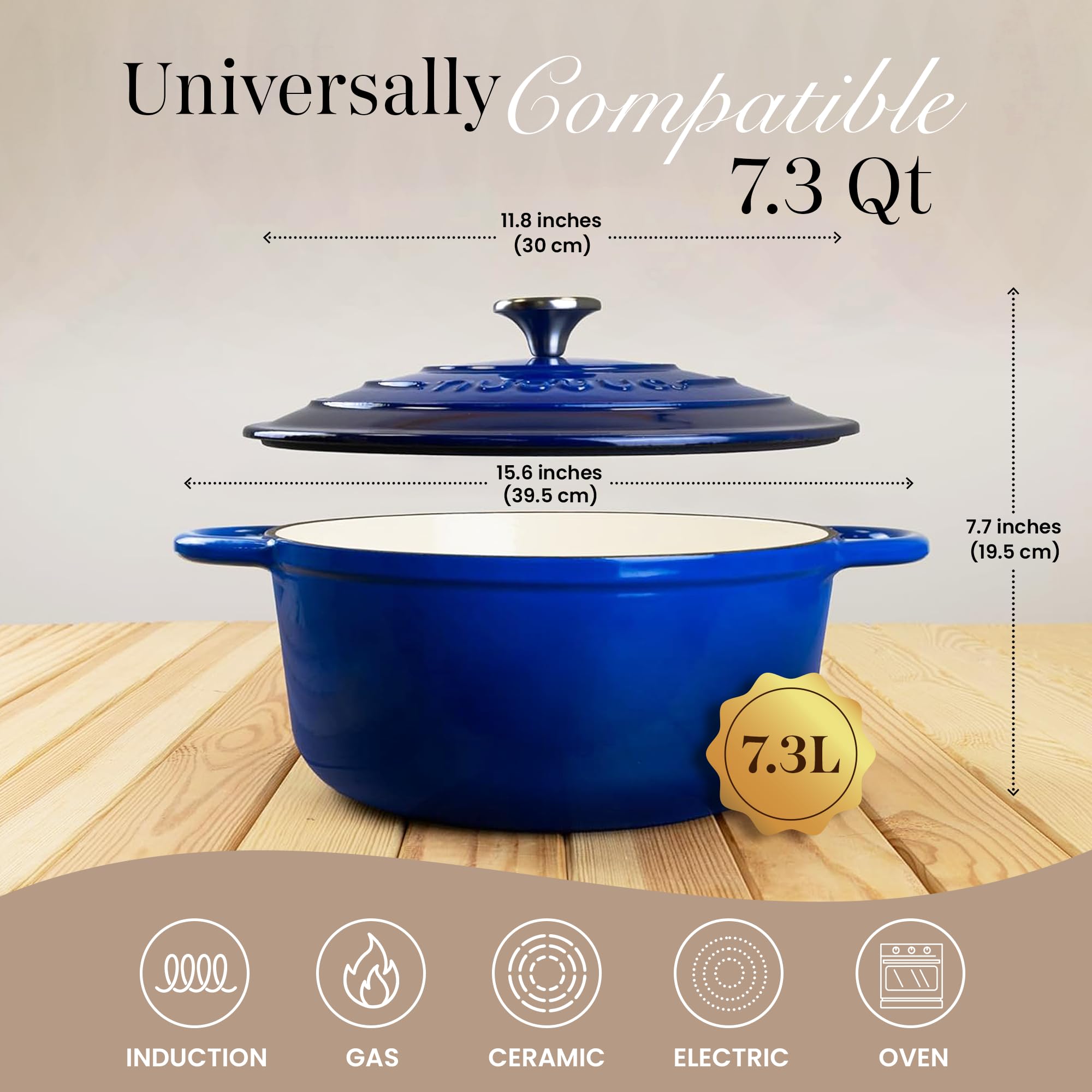 Cast Iron Dutch Oven with Lid - Non-Stick Ovenproof Enamelled Casserole Pot - Sturdy Dutch Oven Cookware - Dark Blue, 7.3-Quart, 30cm - by Nuovva