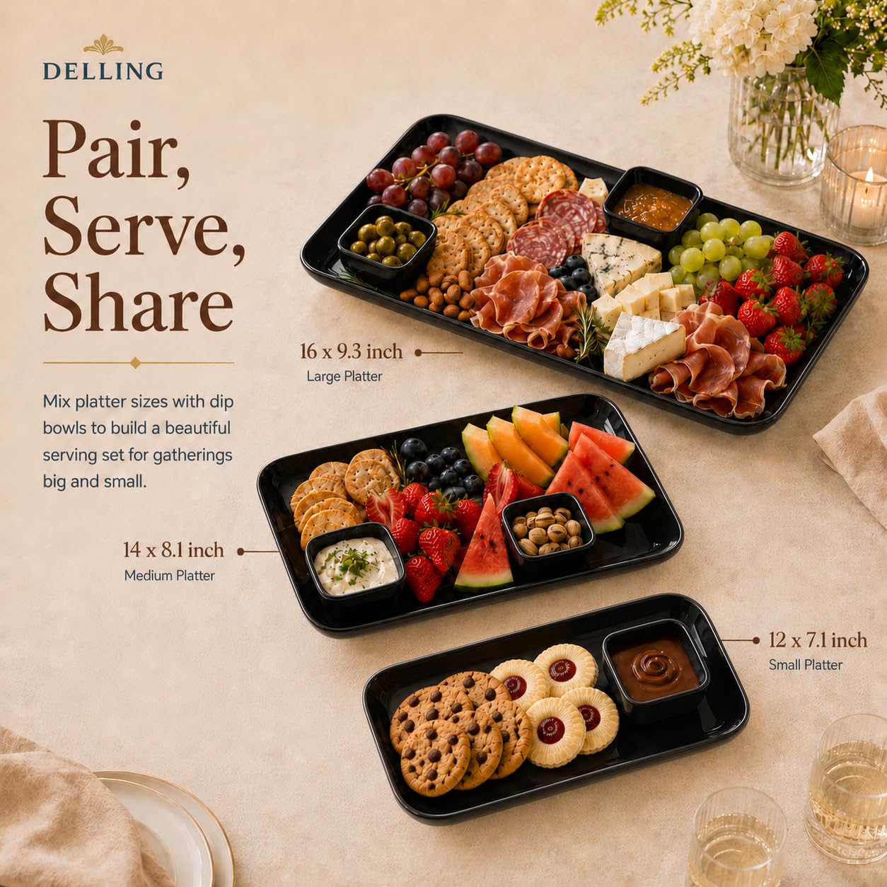DELLING Large Serving Platter Set of 3, 16/14/12 Inch Porcelain Serving Trays for Party - Black Ceramic Rectangular Platters for Entertaining,Platter for Thanksgiving Christmas, Dishwasher Oven Safe