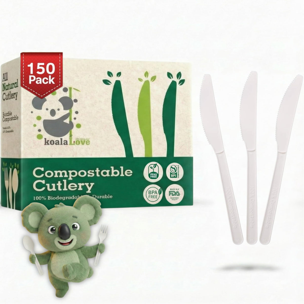 100% Compostable Forks 150 Large biodegradable Disposable Compostable Cutlery Silverware Utensils durable and heat resistant alternative to plastic forks with convenient tray by KOALALOVE