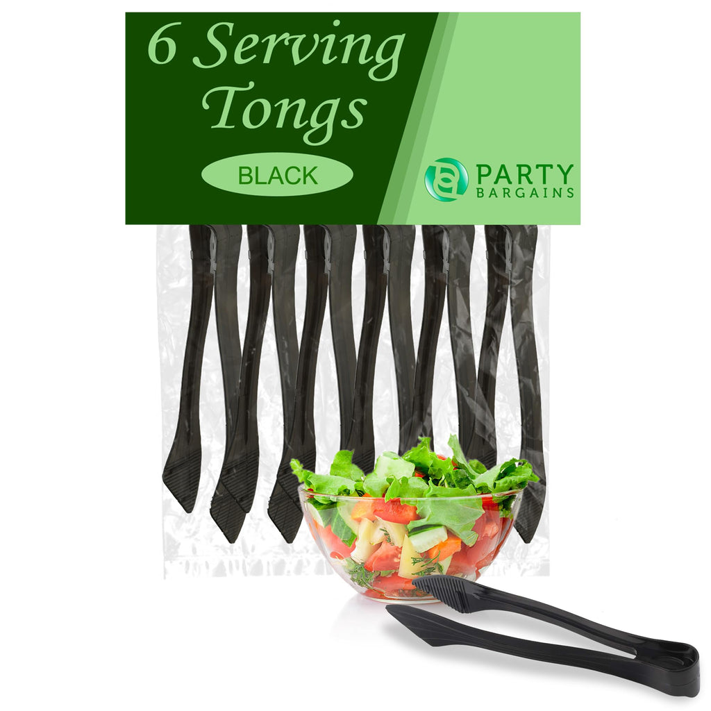 PARTY BARGAINS 8.5″ Black Plastic Serving Tongs 6-Pack – Heavy-Duty Disposable & Reusable Kitchen Tongs for Parties BBQ Buffet Salad Appetizers Catering