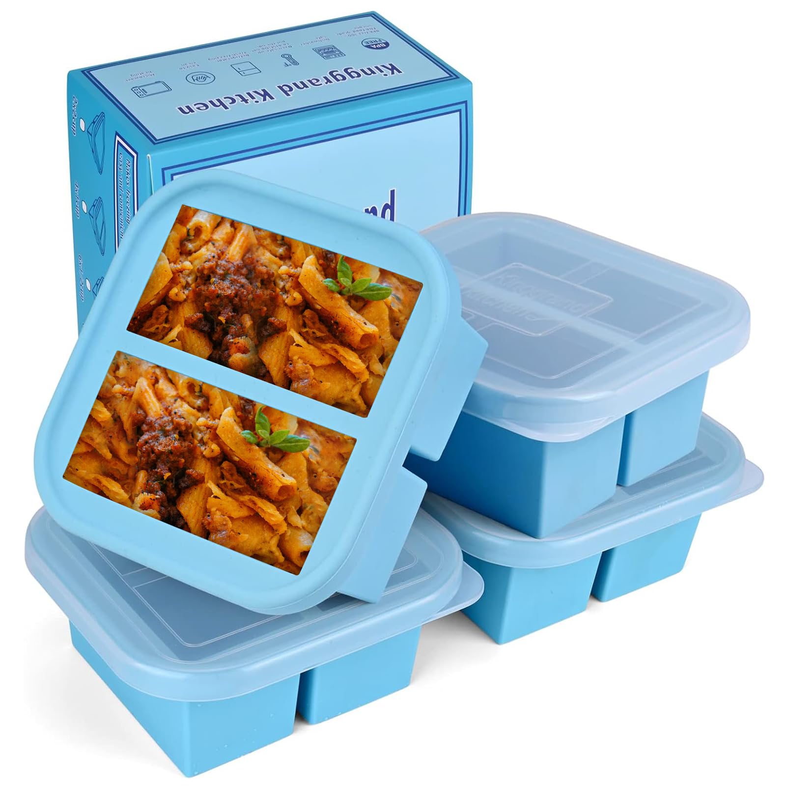 Kinggrand Kitchen 1 Cup Silicone Freezer Molds Silicone Freezer Tray with Lid 4 Pack Soup Freezer Containers Make 8 Soups, Broths, Stews, Sauces, Curries