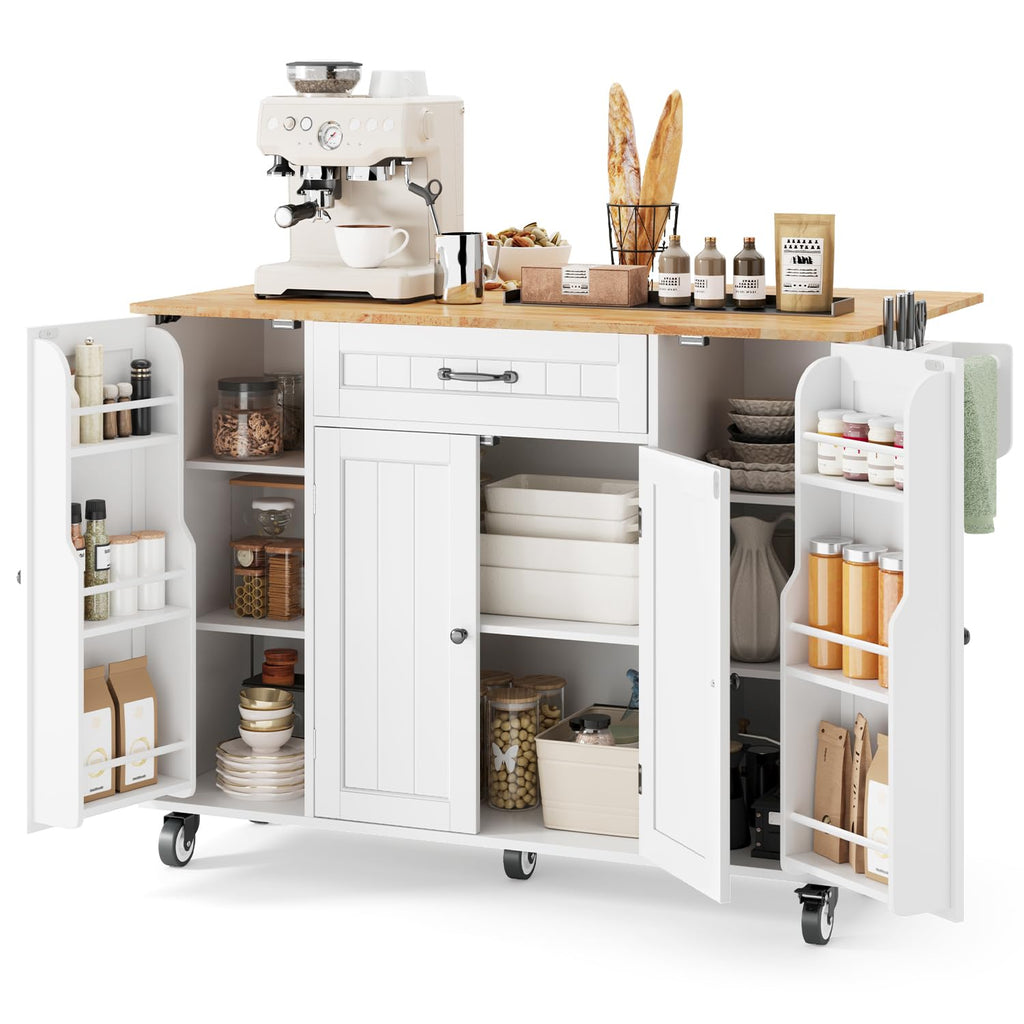 Ahomly 47.6" Kitchen Island with Storage, Drop Leaf, Knife Holder, White