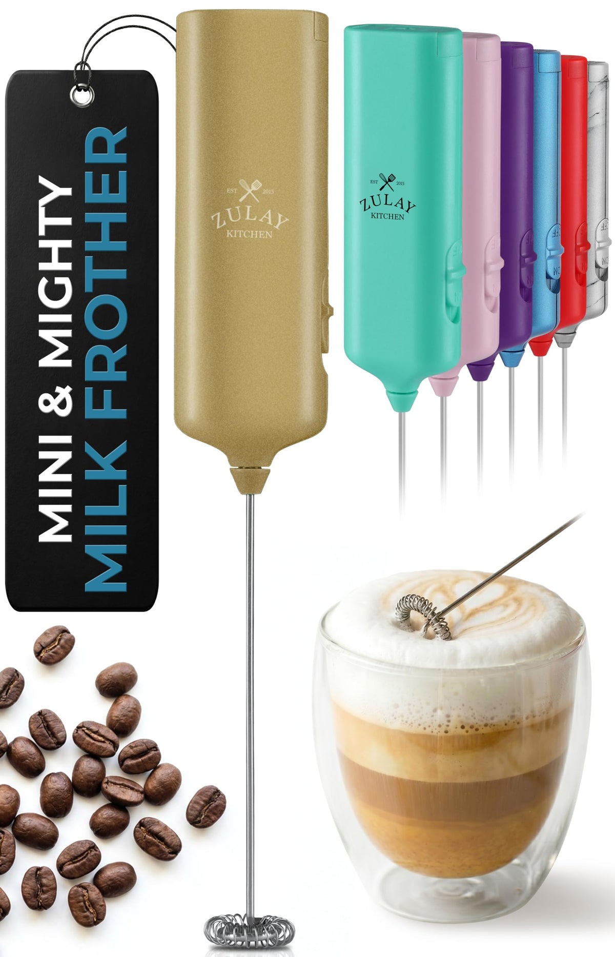 Zulay Powerful Milk Frother for Coffee with Upgraded Titanium Motor - Handheld Electric Whisk, Milk Foamer, Mini Mixer & Coffee Blender for Frappe, Latte, Matcha, No Stand - Pristine Teal