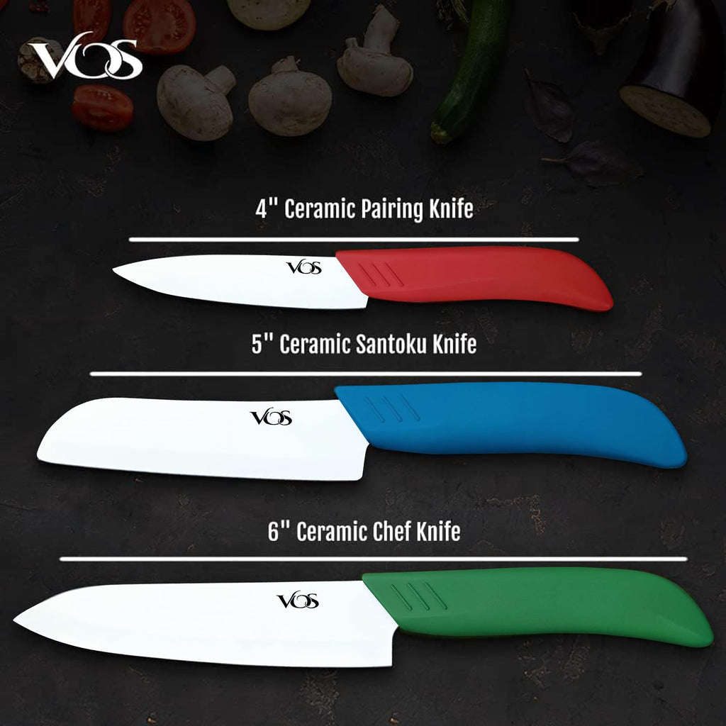 Vos Ceramic Knife Set in Elegant Gift Box, Ceramic Knives Set For Kitchen, Ultra Sharp Kitchen Knife Set with Covers, 4" 5" 6" Paring, Santoku & Chef Knife, Lightweight, Dishwasher safe (Multi-Color)