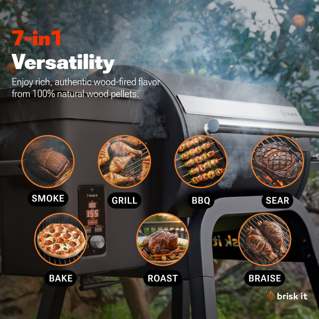 Brisk It Zelos-450 WiFi A.I. Electric Wood Pellet Smoker Grill - Smart Grill With Waterproof Cover– 450 sq.in Cooking Area,7-in-1 Outdoor Grill & Smoker, PID Controller (Up to 500°F), Meat Probe