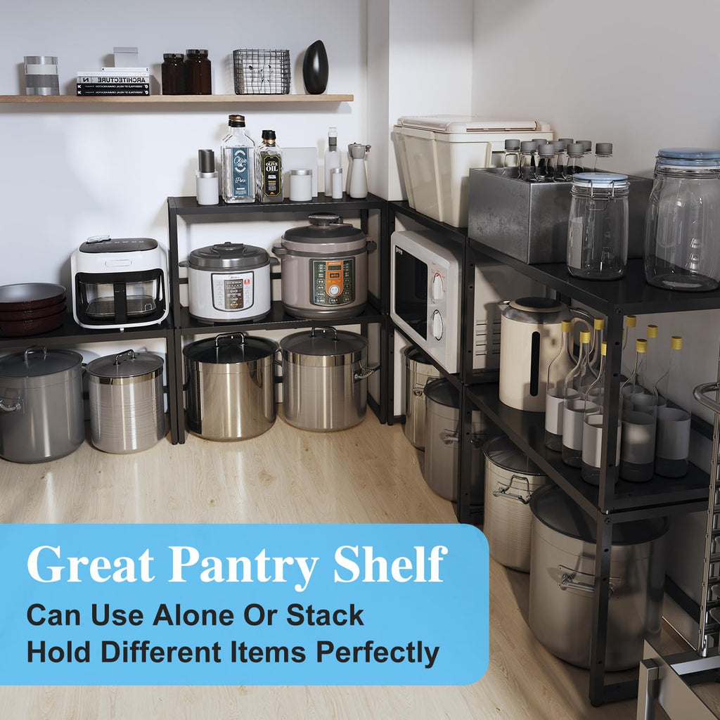 Expandable Metal Storage Shelves, 110LBS Heavy Duty Shelving Units and Storage for Pots Pans Small Appliances, Adjustable Metal Storage Shelf Organizer Rack for Kitchen Cabinets Closet Pantry Garage