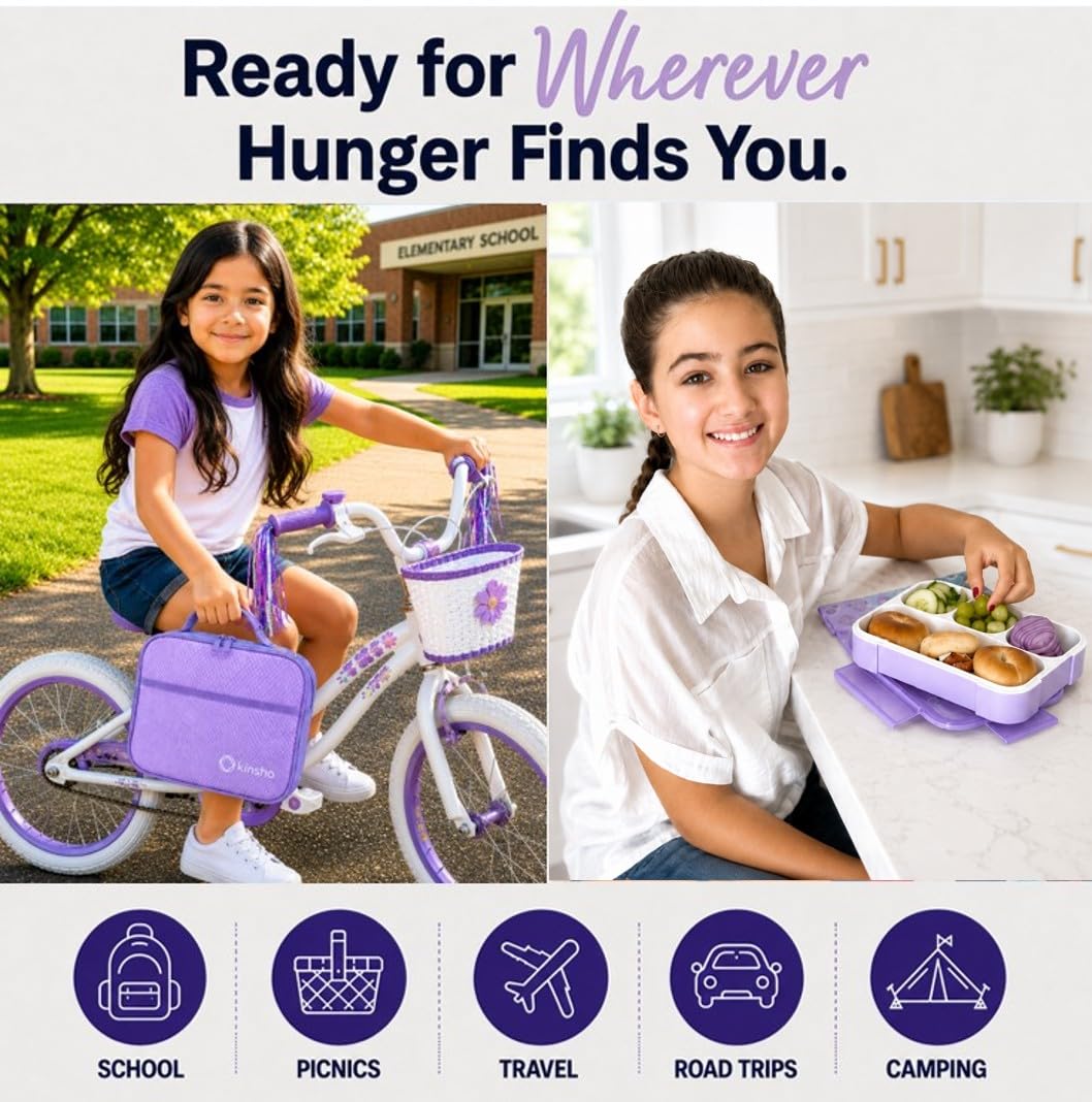 kinsho Bento Lunch Box, Ice Pack Insulated Bag & Utensils for Kids, Purple