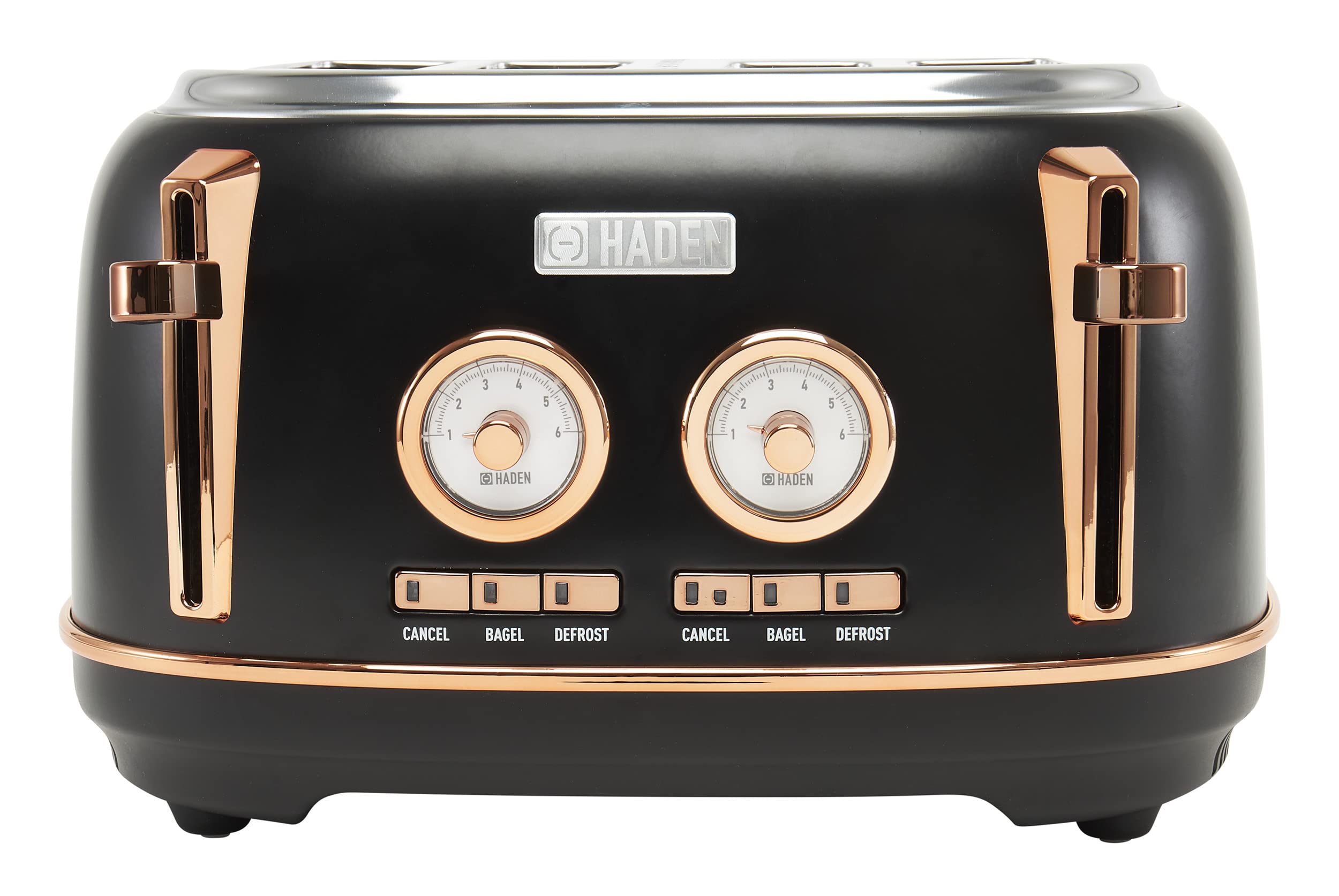 Haden Dorset 4 Slice Wide Slot Stainless Steel Toaster with Adjustable Browning Control & Non-Slip Feet, Black & Copper