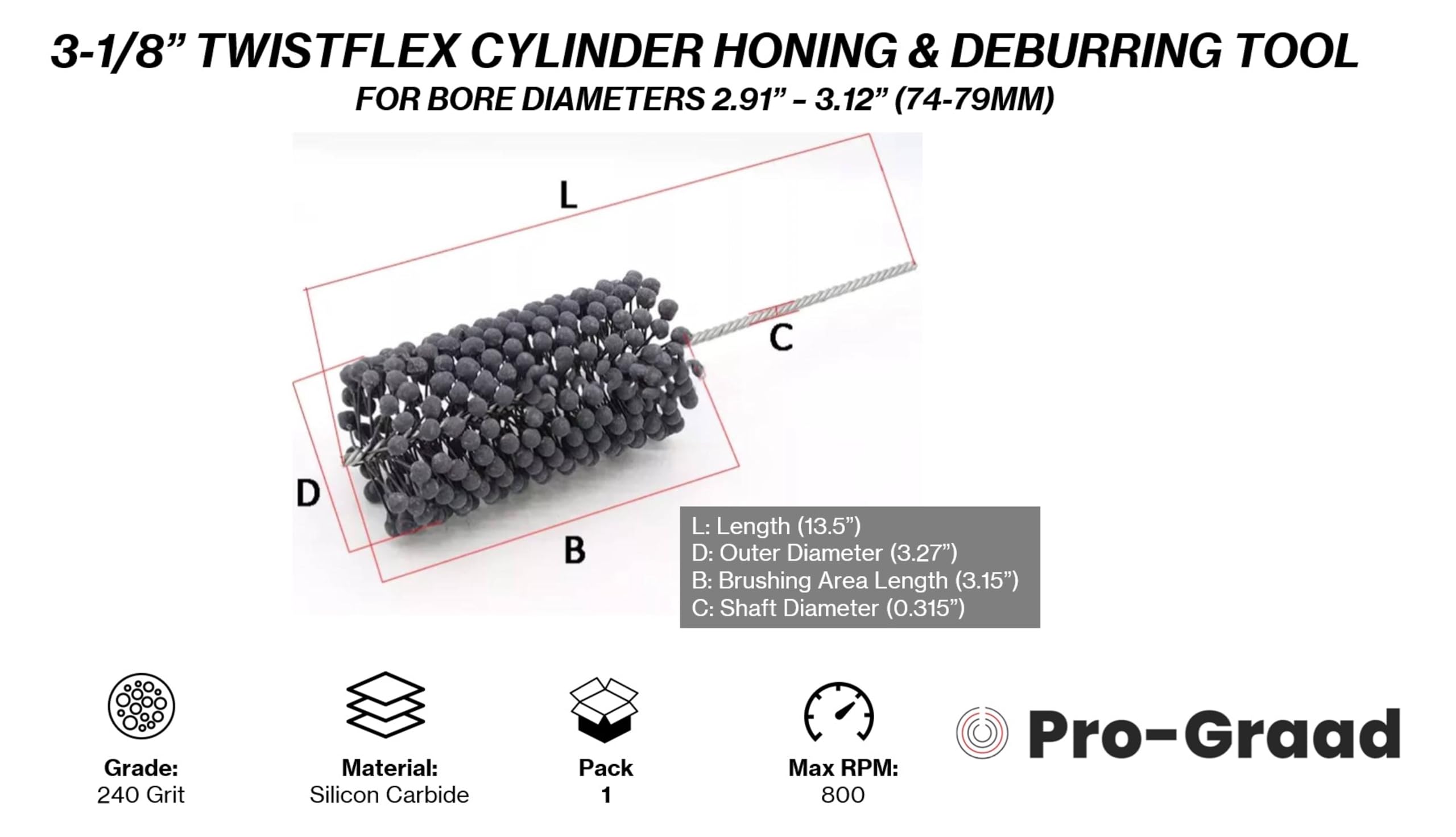 3-1/8" 240 Silicon Carbide TwistFlex Cylinder Hone for 2.91"- 3.12" Bores