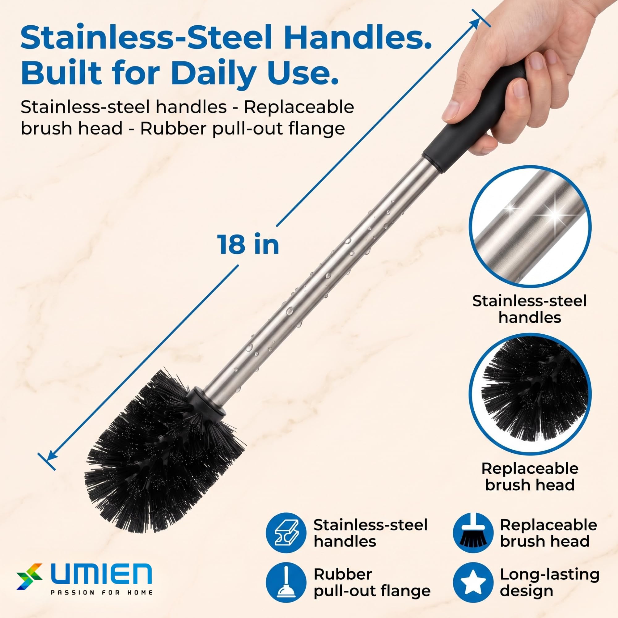 UMIEN Toilet Brush and Plunger Set, Satin Nickel, Long Handle Freestanding