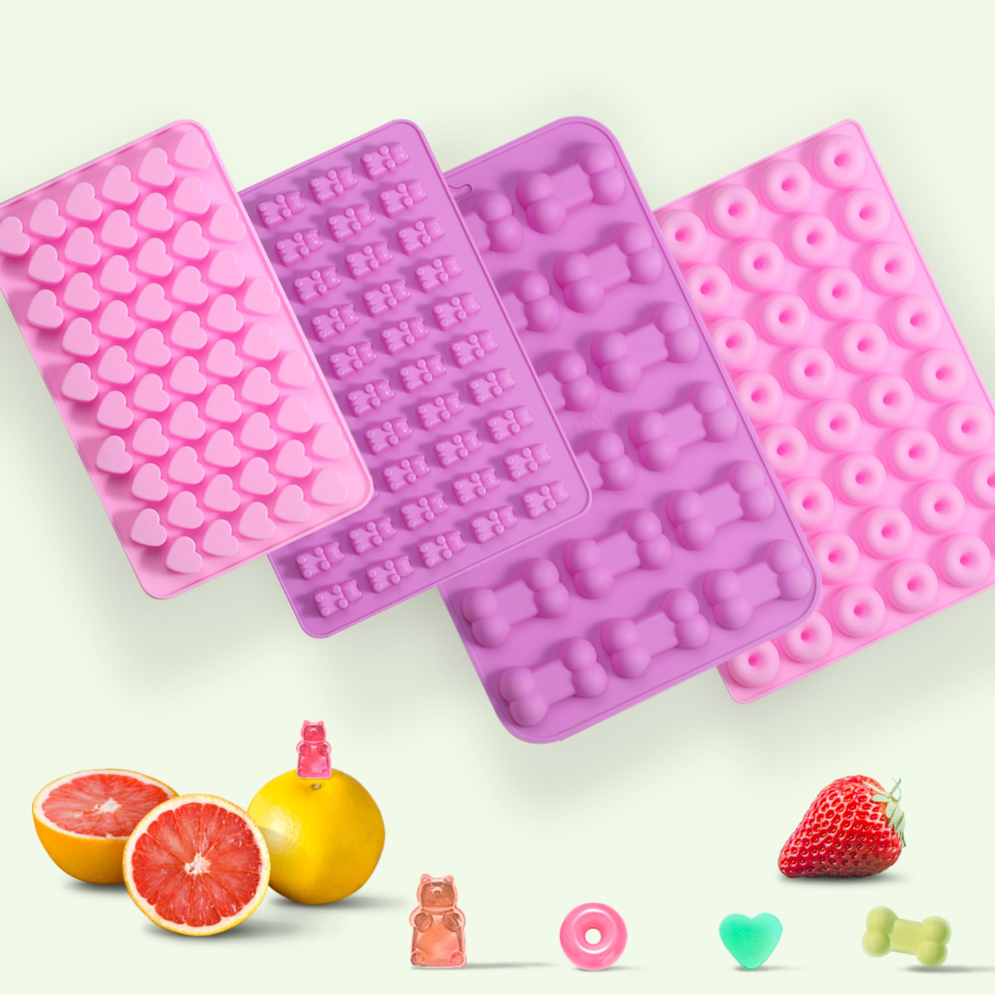 Gummy Candy Molds, 4 Pcs Silicone Chocolate Molds with 4 Droppers, Non-stick Candy Molds for Caramels, Ganache, Ice Cubes, Bone Bear Donut Heart Shape Included
