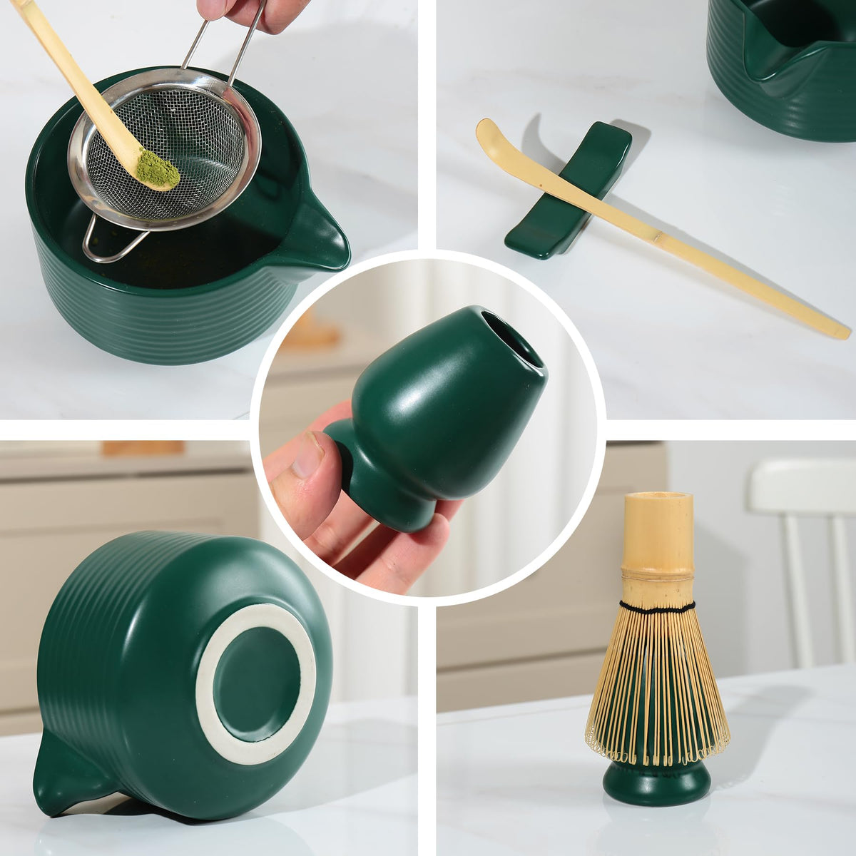 Dark Green Matcha Set,Matcha Whisk Set with Holder, Stainless Sifter & Scoop, Tea Towel,Traditional matcha making set,green tea ceremony,7Pcs