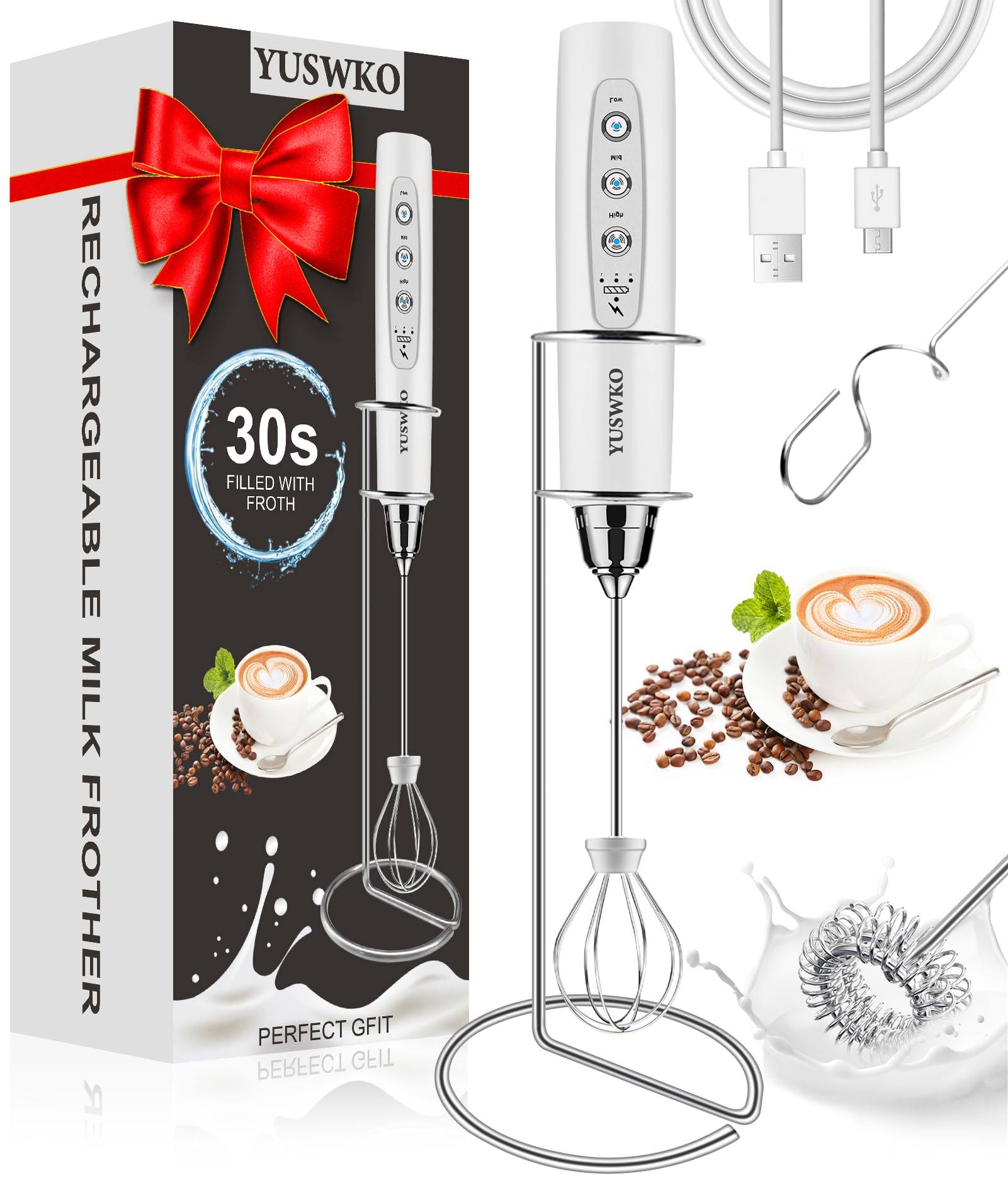 YUSWKO Handheld Milk Frother Wand for Coffee, Rechargeable Electric Whisk with 3 Heads 3 Speeds Drink Mixer Coffee Frother For Latte, Cappuccino, Hot Chocolate, Egg, White with Holder