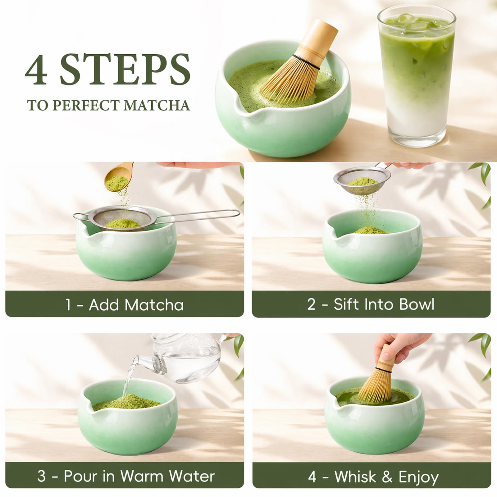 HUSHHAVN Matcha Whisk Set, Ceramic Matcha Set Includes Bowl & Holder, Bamboo Whisk (Chasen), Scoop, Spoon and Sifter, 6PCS Matcha Kit Covers Everything Needed for Making Matcha (Green)