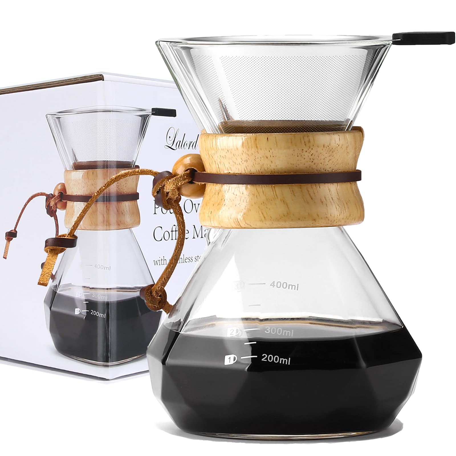 Lalord Pour Over Coffee Maker, 400ml/13.5oz Borosilicate Glass Carafe with Stainless Steel Filter & Modern Wooden Collar, 2 Cups Capacity, Clear