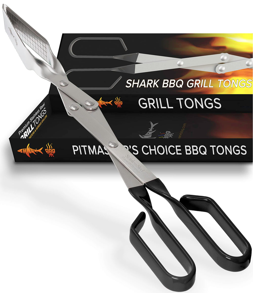 Shark BBQ Tongs for Steaks, 2-Pack 17" & 13" Professional Kitchen and Outdoor Grilling Utensil Set, by Shark BBQ Grill Tongs -(Black)