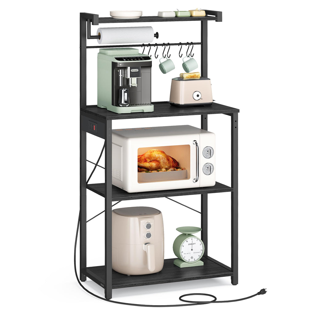 VASAGLE BARNET Collection - Kitchen Bakers Rack with Power Outlet, 23.6-Inch Wide Coffee Bar 4-Tier with 8 S Hooks, Modern Microwave Stand, Adjustable Shelf, Charcoal Gray and Ink Black UKKS014B01V1