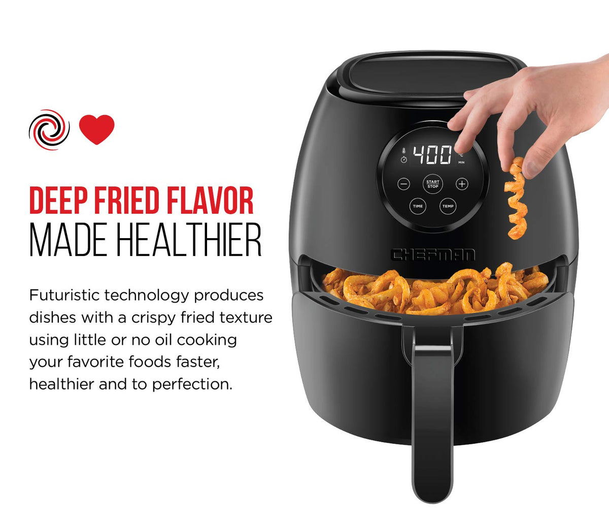 Chefman Digital 3.6 Quart Touch Screen Air Fryer Oven w/Space Saving Flat Basket, Healthy Oil-Free Airfryer w/ 60 Minute Timer & Auto Shutoff, Dishwasher Safe Parts, BPA-Free, Black