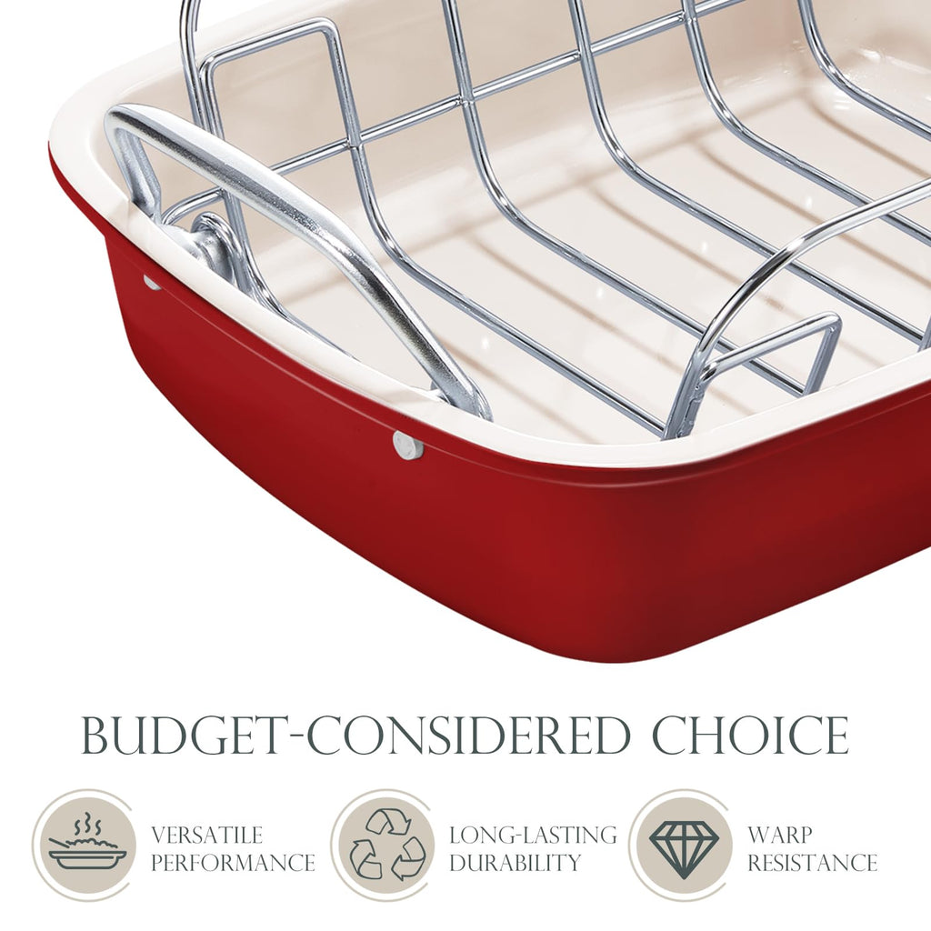 KITESSENSU Nonstick Turkey Roasting Pan with Rack 17 x 14 inch - Large Chicken Roaster Pan for Oven - Wider Handles & Heavy Duty Construction - Suitable for 24lb Turkey, Red