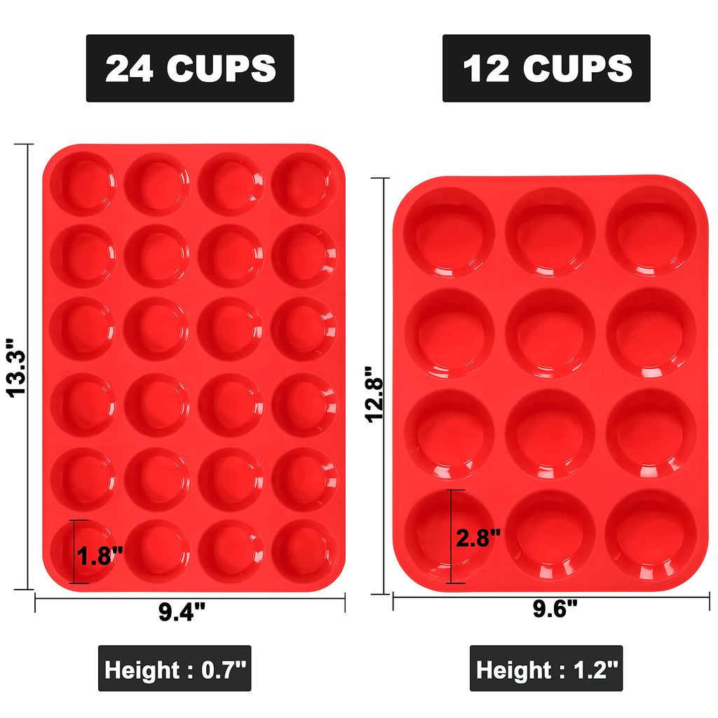Anaeat Silicone Muffin Pan Set - Regular 12 Cups & Mini 24 Cups Cupcake Baking Molds with Flexible & Non-Sticky, Just Pop Out for Making Muffin Cakes, Cupcake, Chocolate,Tart and Desserts (2 Pack)
