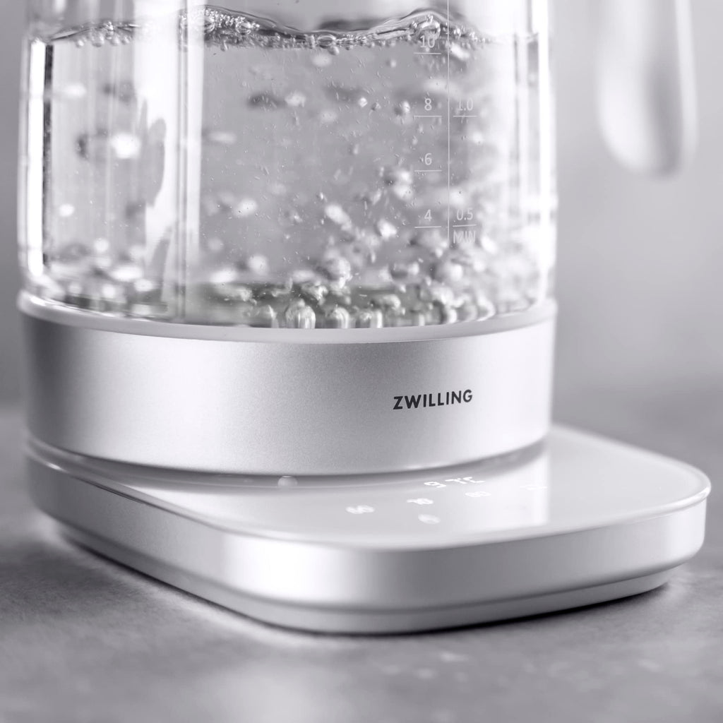 ZWILLING Enfinigy Glass Kettle 1.7L, Tea Kettle, 6 Preset Temps for the Perfect Cup, Tea Timer, Silver
