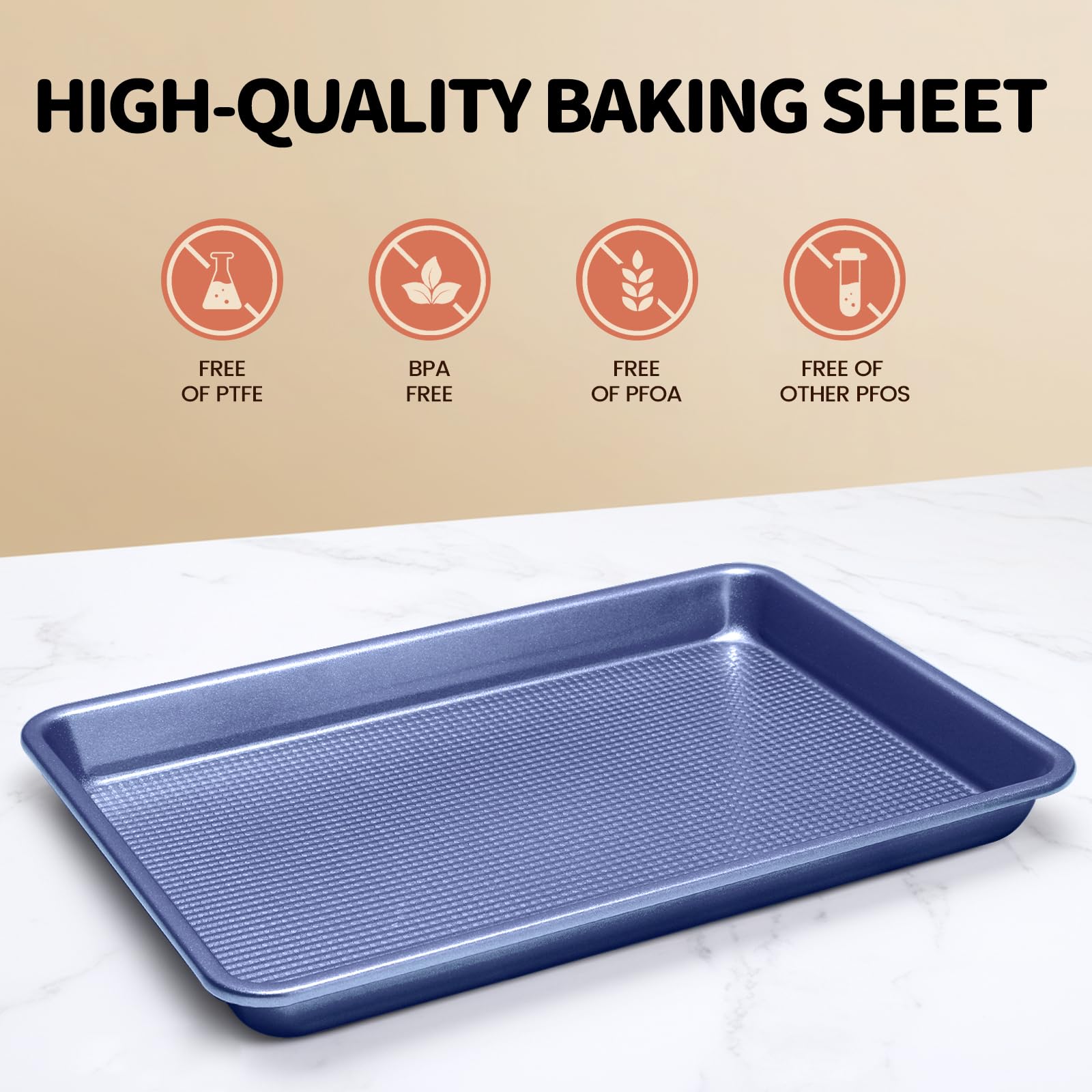 Vinino Baking Sheet Set of 3, Cookie Sheets For Baking with Square Texture Pattern, Thicker Carbon Steel Non-stick Baking Pan Half/Quarter/Jelly Roll Pans Tray for Oven-Blue