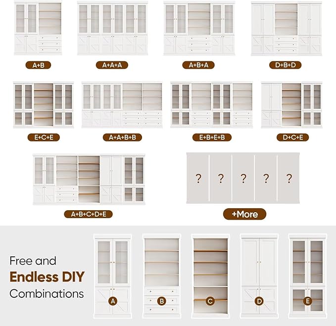 70.8" Bookshelf with Glass Doors, Farmhouse Modular Bookcase with 6-Tier Adjustable Shelves, Large Storage Cabinet for Living Room & Home Office, Set of 4, White