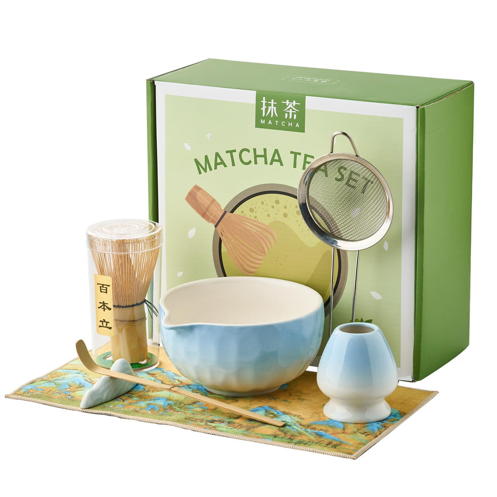 Matcha Whisk Set 7 Pcs Matcha Sets Blue, matcha Kit with Bowl, Whisk and Holder, Bamboo Scoop, Scoop Rest, Sifter & Tea Towel, Tea Gifts for Matche Lovers Making Breakfast Latte