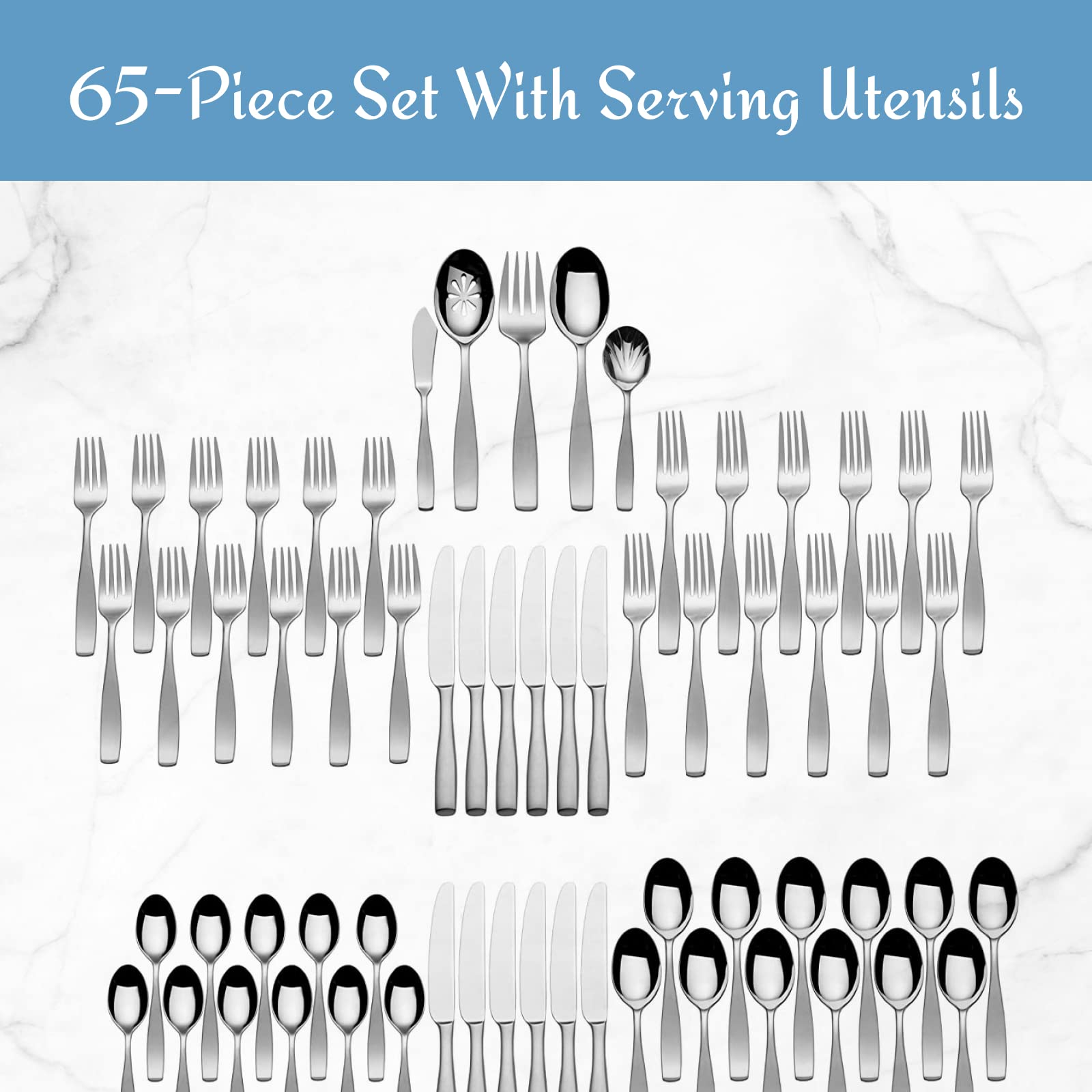 Mikasa Satin Loft 65-Piece Flatware Set, Service for 12, 18/10 Stainless Steel Silverware with Satin Finish, Includes Serving Utensils, Dishwasher Safe