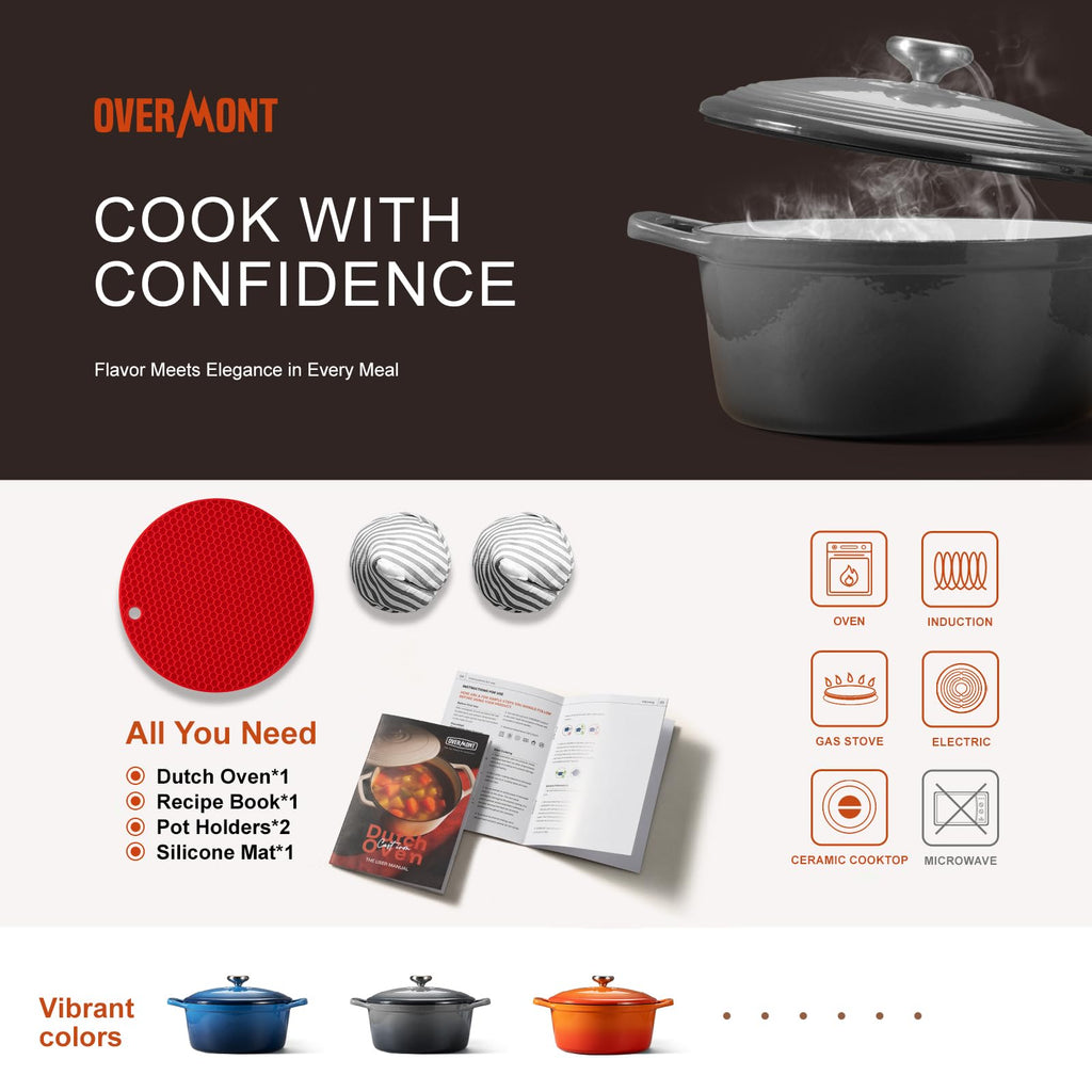 Overmont Enameled Cast Iron Dutch Oven - 5.5QT Pot with Wide Handles Lid Cookbook & Cotton Potholders - Heavy-Duty Pre-Seasoned Cookware Oven Safe to 500°F for Braising, Stews, Roasting, Sourdough Baking Grey