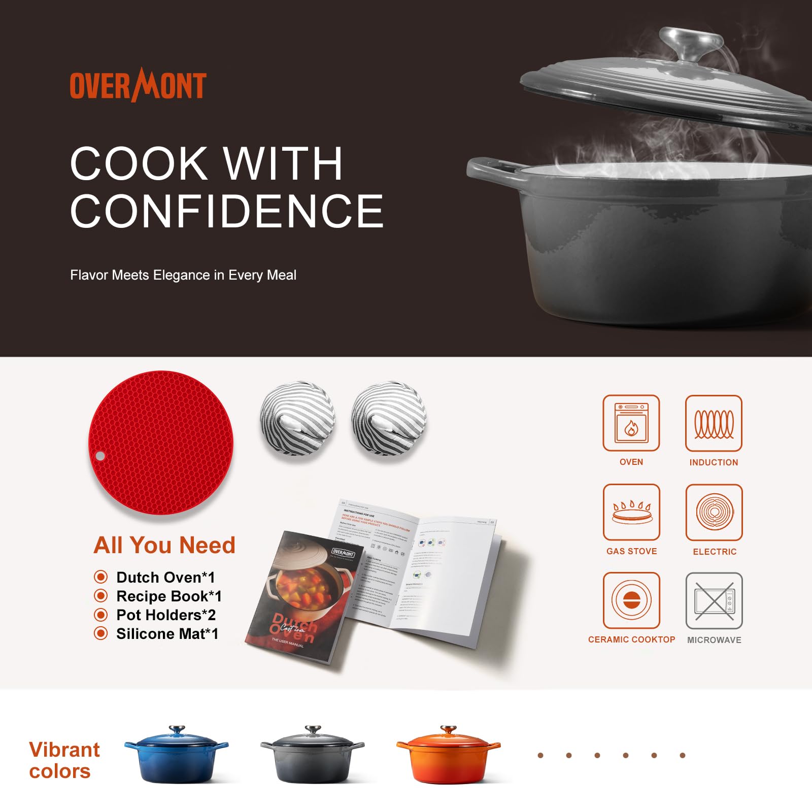 Overmont Enameled Cast Iron Dutch Oven - 5.5QT Pot with Wide Handles Lid Cookbook & Cotton Potholders - Heavy-Duty Pre-Seasoned Cookware Oven Safe to 500°F for Braising, Stews, Roasting, Sourdough Baking Grey