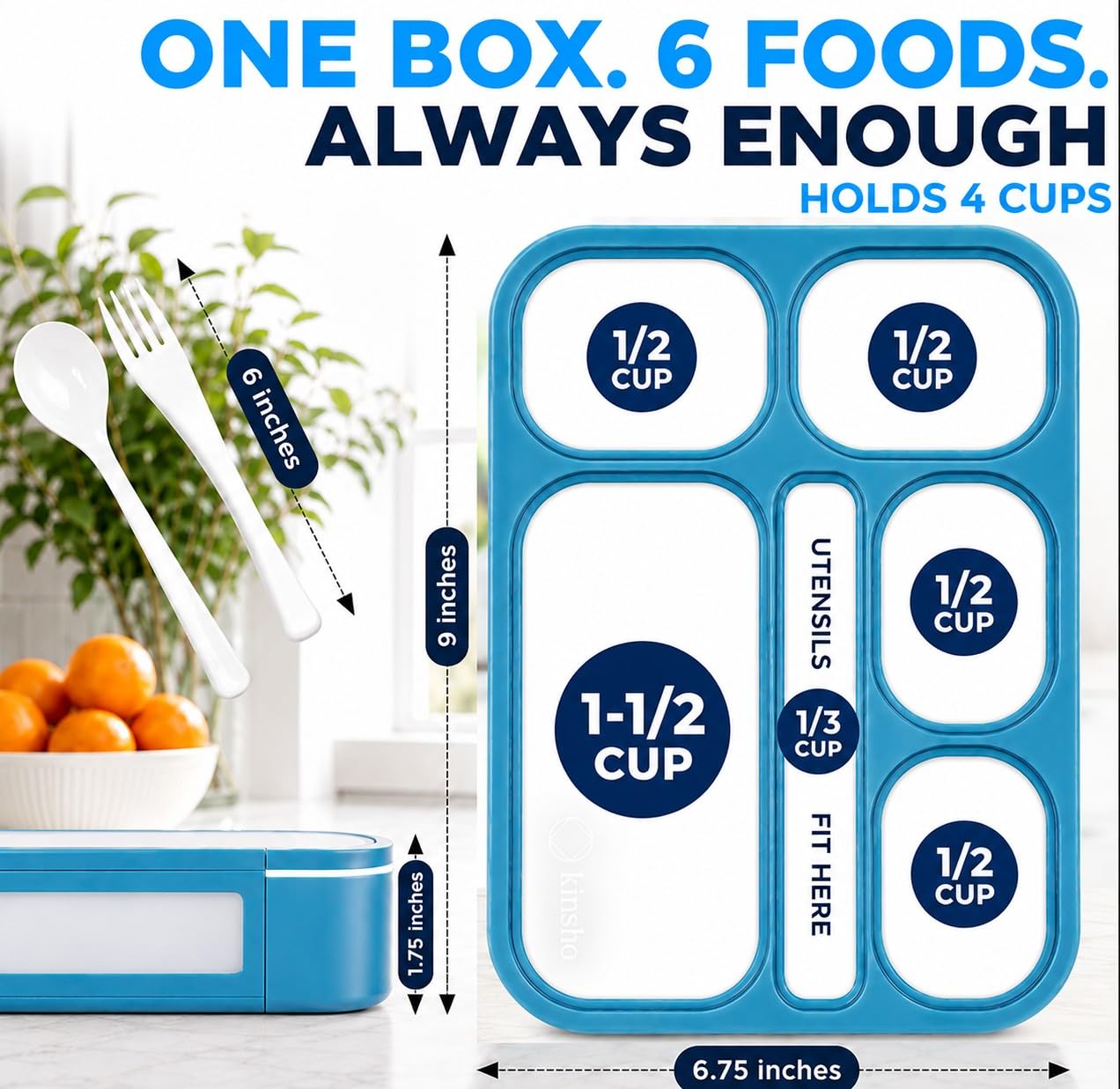 kinsho Bento Lunch Box, Ice Pack Insulated Bag for Kids, Boys, Teens, Blue