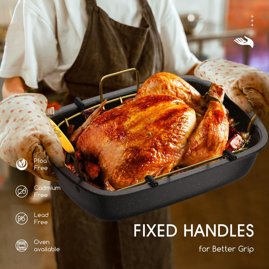 Nonstick Roasting Pan with Rack, 17" x 13" Large Turkey Roaster Pan