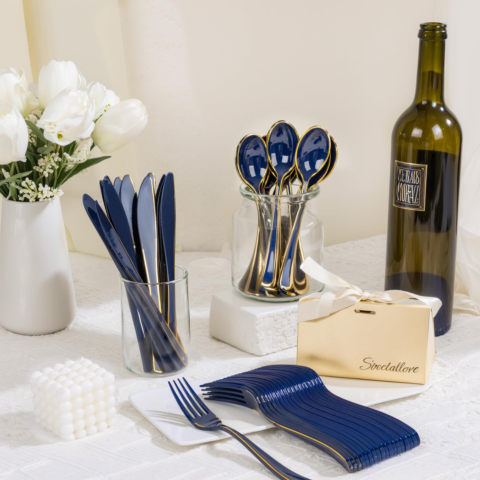 WDF 180PCS Blue Plastic Silverware -Blue and Gold Plastic Cutlery 60 Forks, 60 Knives, 60 Spoons - Heavy Duty Disposable Silverware for Party/Wedding/Birthday