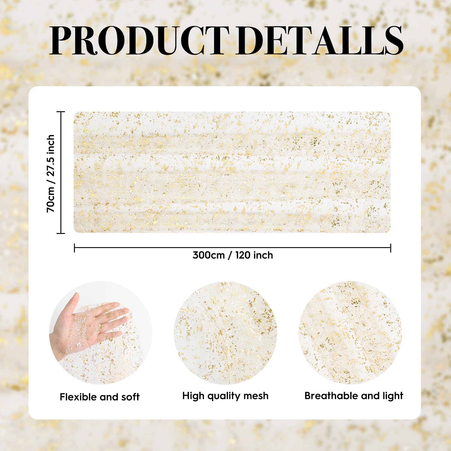 Artoid Mode 6Pcs Beige Gold Gauze Table Runner 120 Inch 10FT, Glitter Metallic Foil Sheer Dining Wedding Anniversary Holiday Birthday Table Decor for Home Party