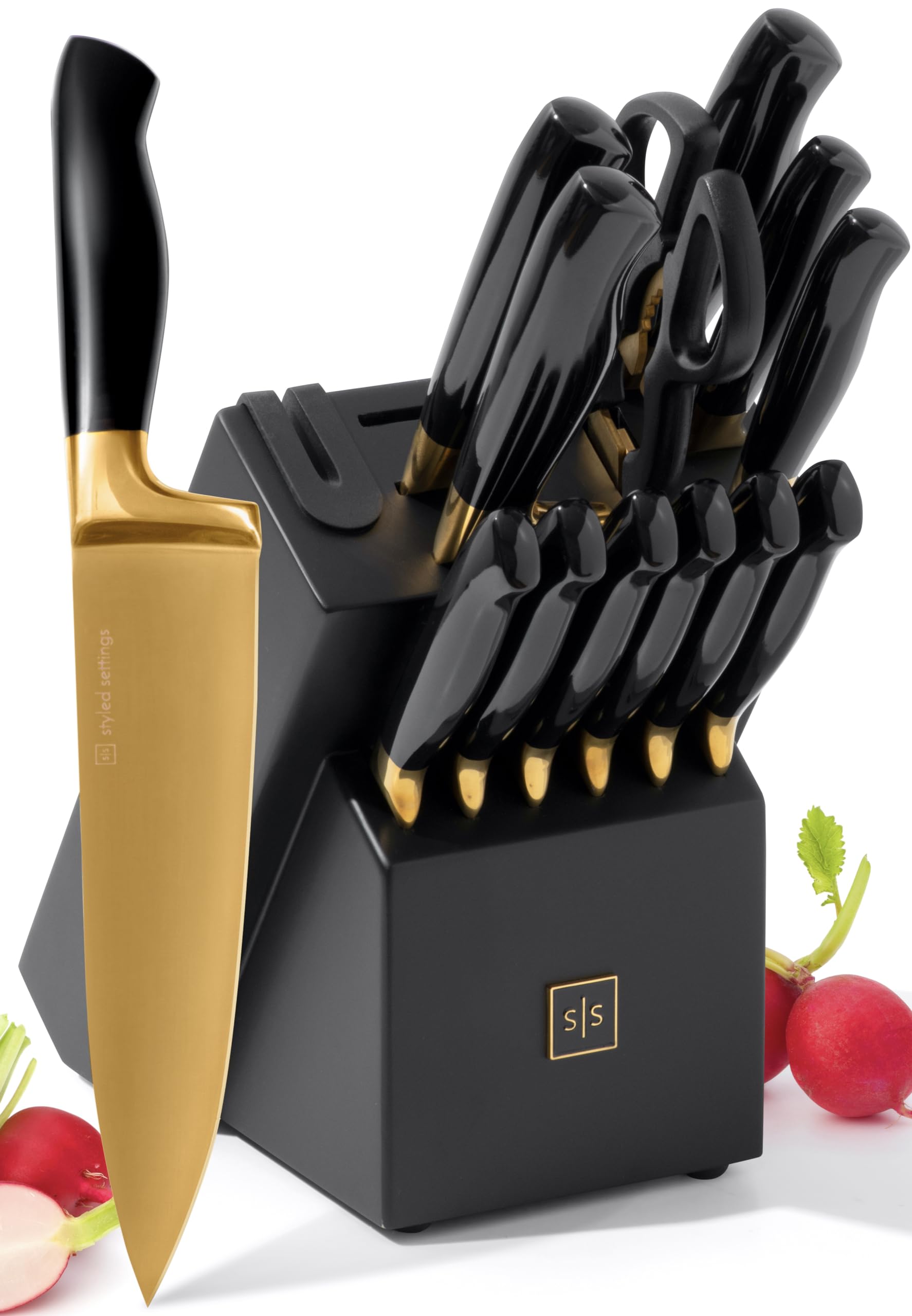 Styled Settings Black and Gold Knife Set with Block and Sharpener, 14-Piece