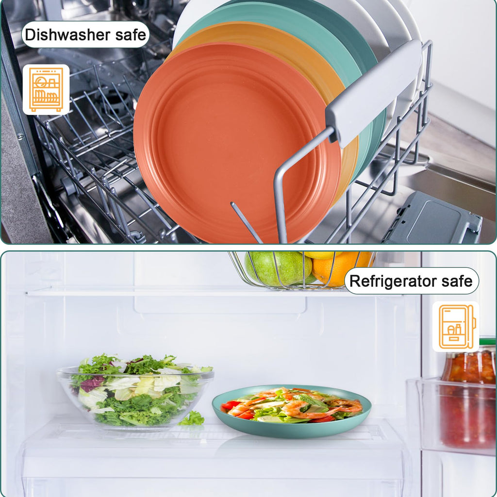 HEYCOME 12 Pcs Unbreakable Deep Dinner Plates Set, 9 inch Reusable Plastic Wheat Straw Plates, Microwave and Dishwasher Safe Plate for Kitchen, Lightweight Plate for Dessert, BPA Free, 4 Colors