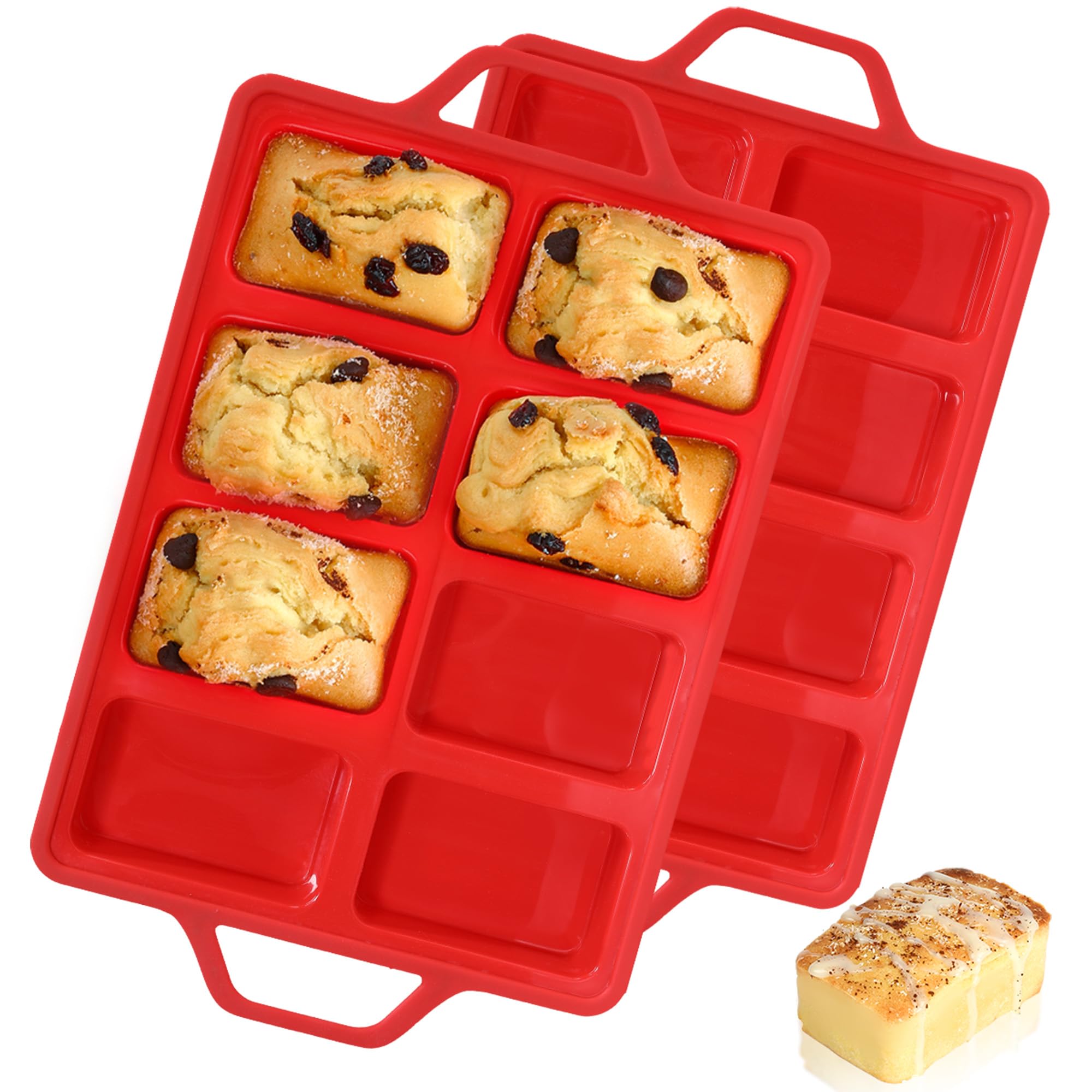 Mini Loaf Pans, Metal Reinforced Frame Silicone Mini Bread Loaf Pans 8 Cavities Nonstick for Baking Cornbread, Bread, Small Loaf, Brownie, Cheesecake, Chocolate 2 Pack Red
