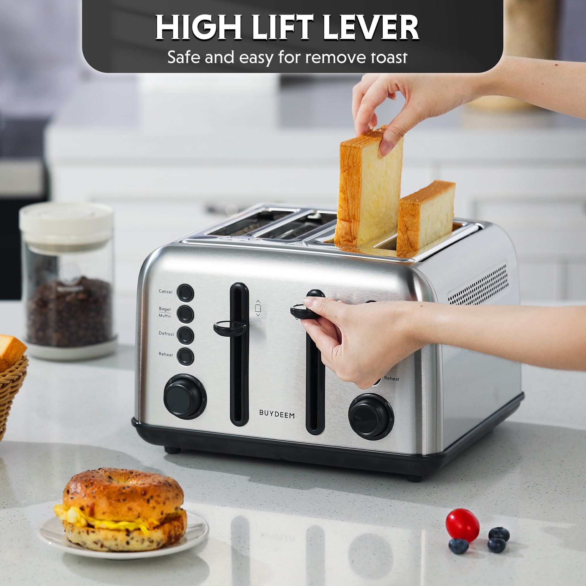 BUYDEEM DT640 4-Slice Toaster, 7 Shade Settings, Extra Wide 1.5’’ Slots for Bagel & English Muffin, 6 Toasting Functions, Retro Stainless Steel Toaster with High Lift Lever, 1800W, Retro Silver