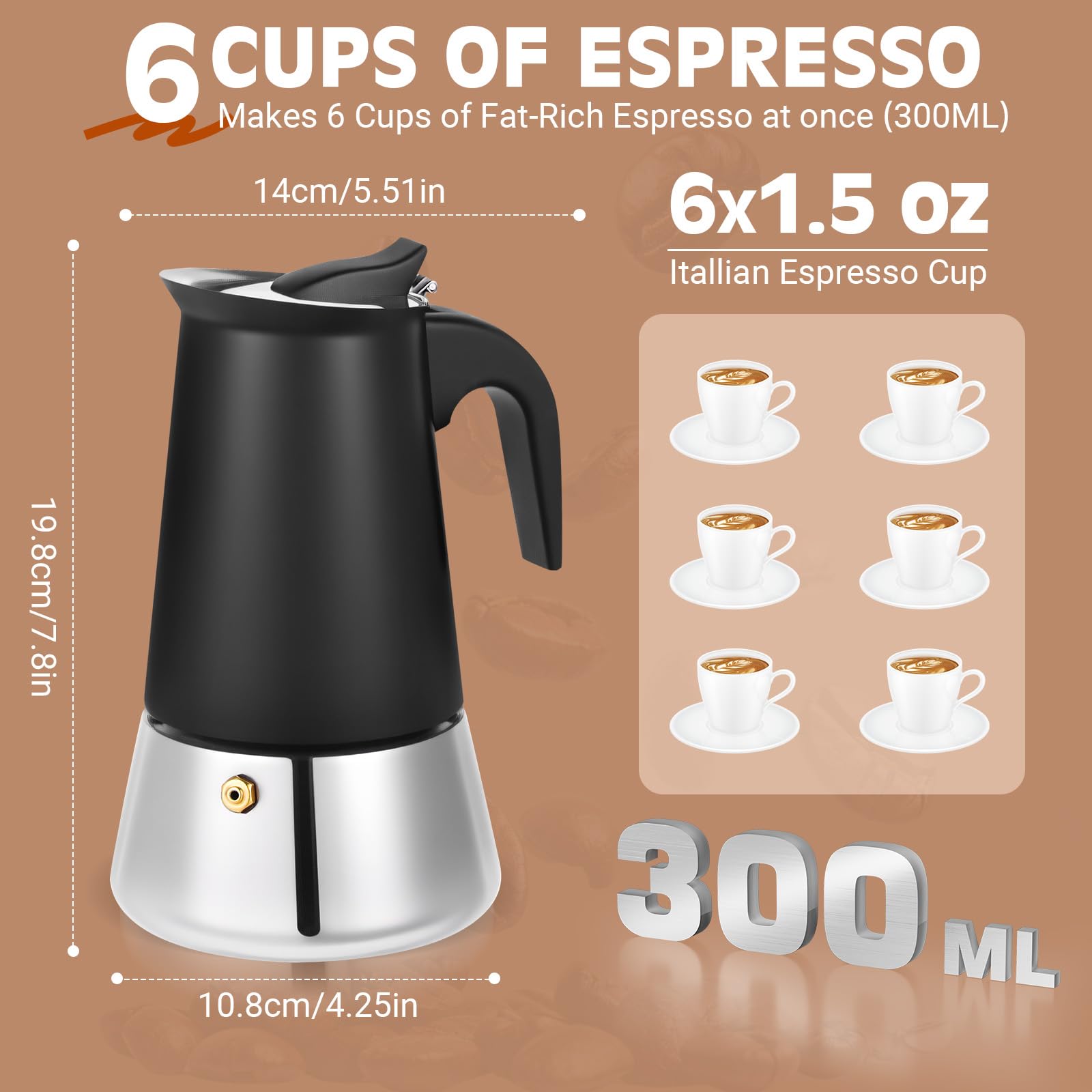Suiitat 6 Cup Stainless Steel Moka Pot, 300ml Stovetop Espresso Maker, Black