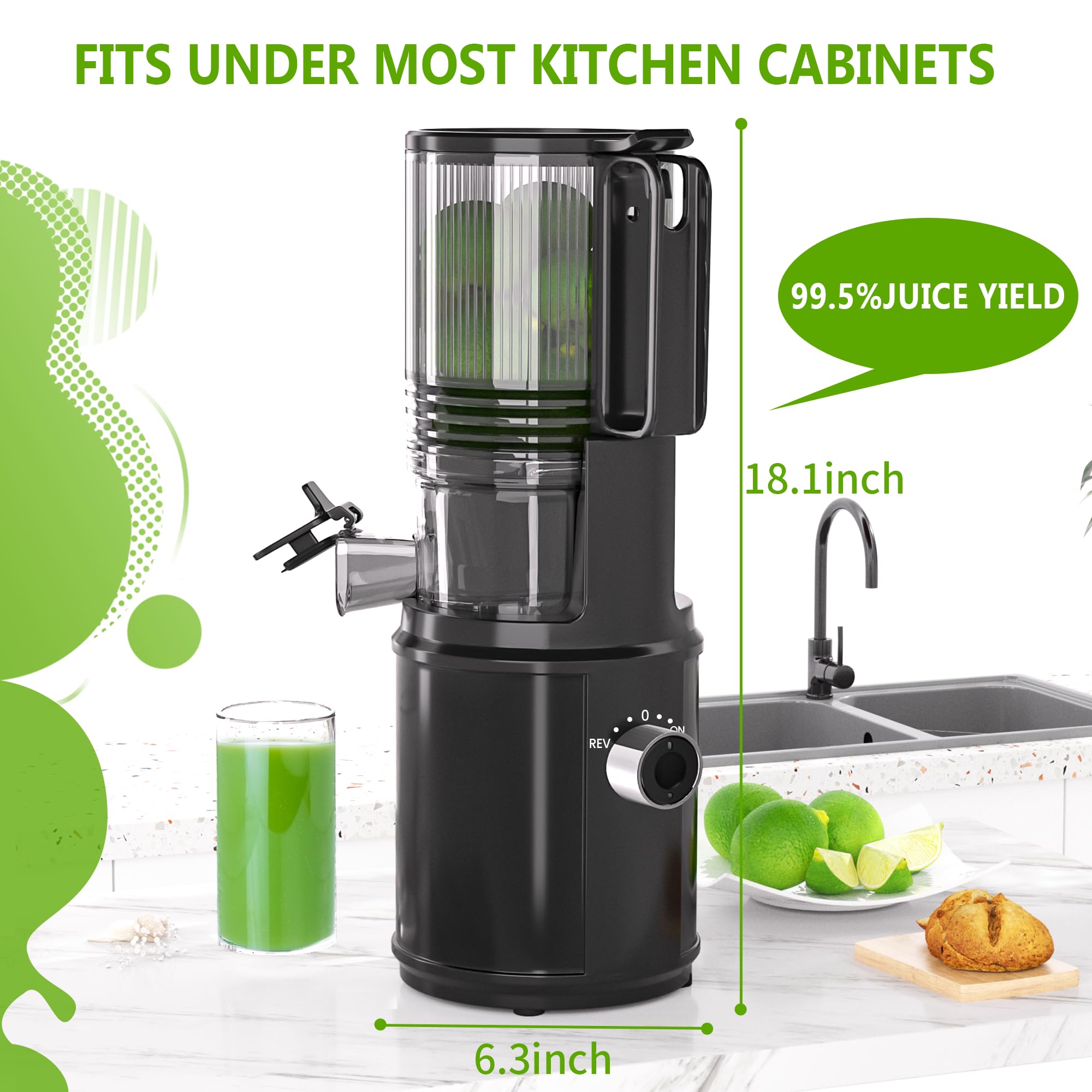 Cold Press Juicer – 6.5" Extra Large Feed Chute Fit Hands-Free Electric Masticating Juicer Machine, 350W Slow Masticating Juicer Machine for Whole Fruit and Vegetables – Easy Cleanup & Assembly.