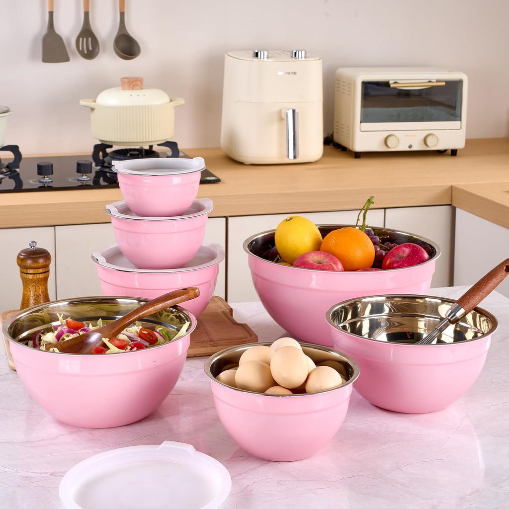 LKTDYMEG Pink Mixing Bowls with Lids Set of 7, Stainless Steel Nesting Bowl with Khaki Lid for Non-slip Mixing Prepping Storing Serving, 7 Sizes-7/3.6/2.7/2.1/1.5/1/0.8 QT