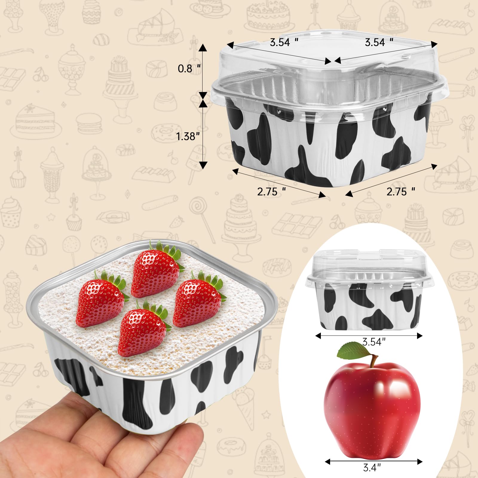 50 Pcs Mini Square Baking Cups with Lids,5oz Aluminum Foil Mini Cake Pans with Lids,Disposable Ramekins Cake Pans,150ml Dessert Cups Cupcake Pans for Wedding Birthday Party,Cowprint